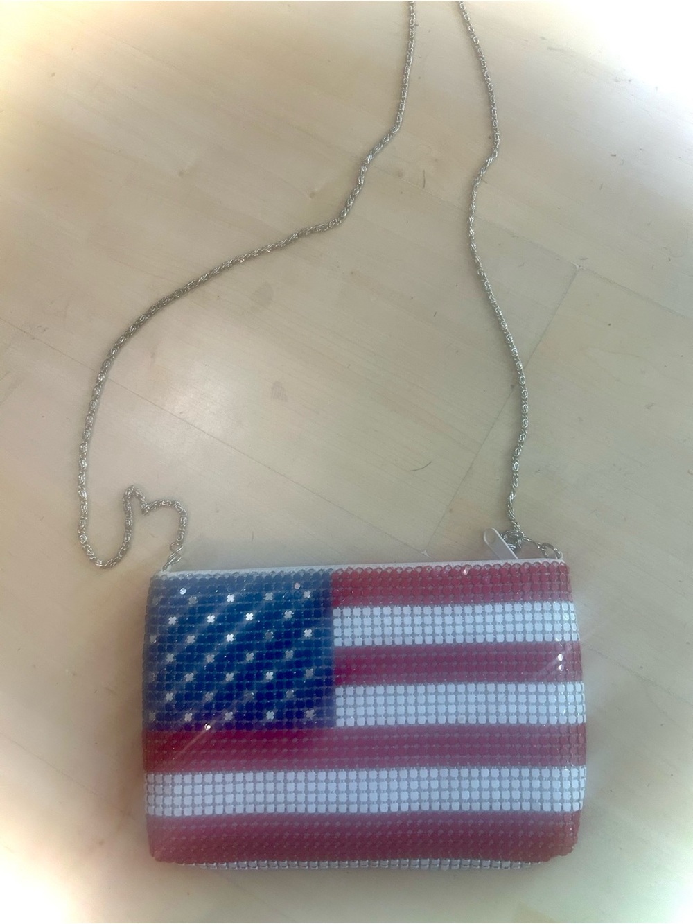 Crystal American Flag Crossbody Clutch - Silver Chain